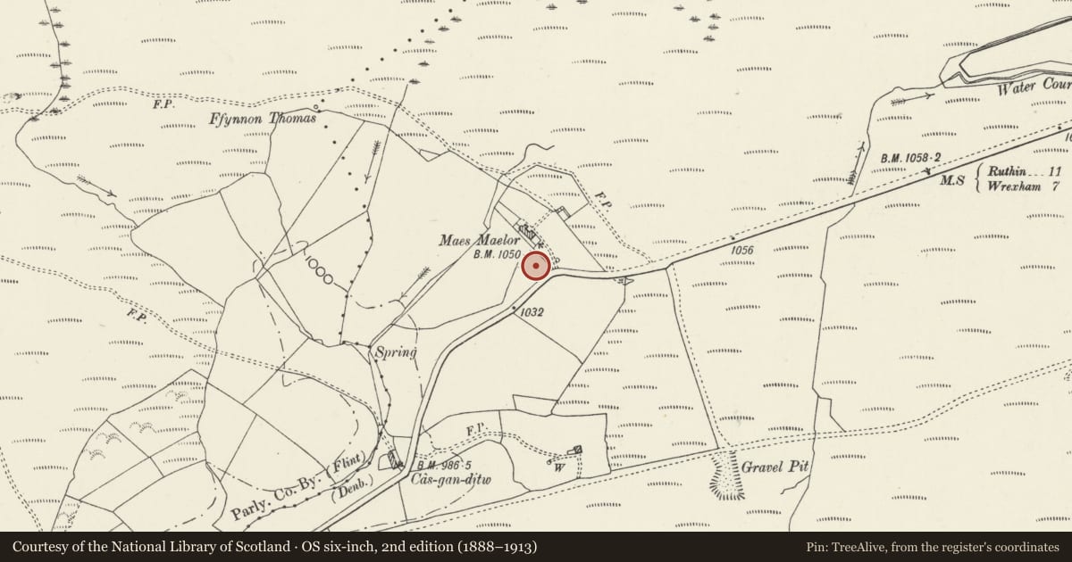 Ordnance Survey six-inch map, 2nd edition (1888–1913) covering the location of Maes Maelor Round Barrow, Llandegla, Denbighshire, with a pin at the register's coordinates