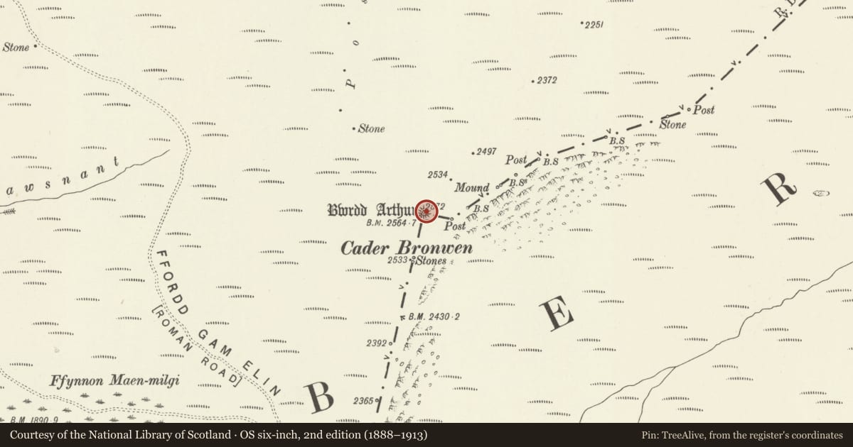 Ordnance Survey six-inch map, 2nd edition (1888–1913) covering the location of Cader Bronwen Round Barrow, Ceiriog Ucha, Denbighshire, with a pin at the register's coordinates