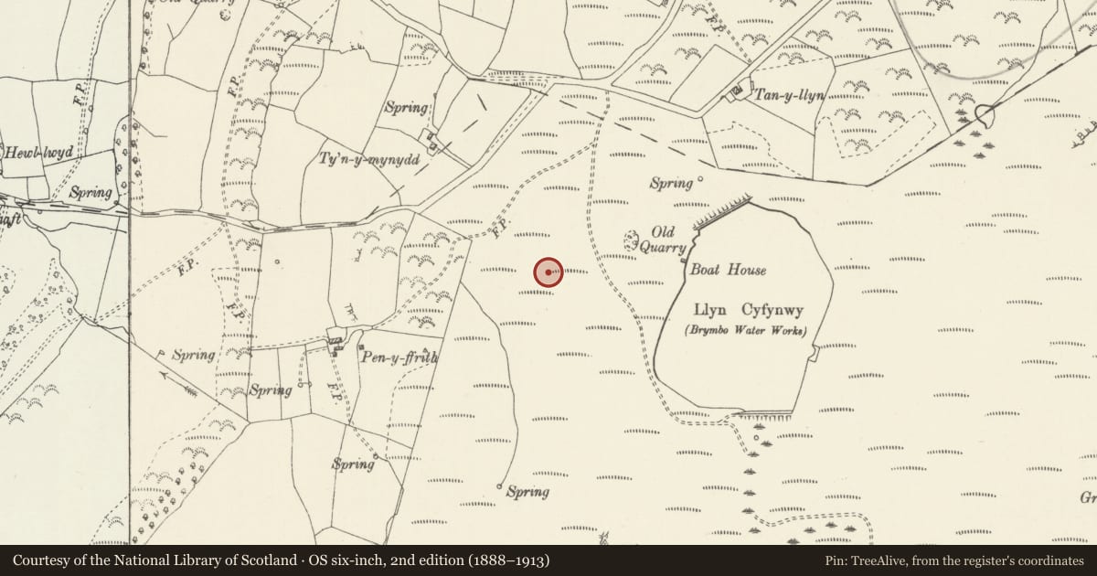 Ordnance Survey six-inch map, 2nd edition (1888–1913) covering the location of Llyn Cyfnwy Round Barrow, Llandegla, Denbighshire, with a pin at the register's coordinates