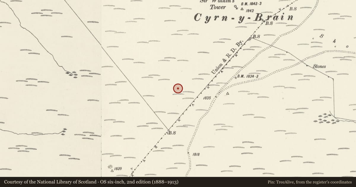 Ordnance Survey six-inch map, 2nd edition (1888–1913) covering the location of Cyrn y Brain Round Barrows, Llandegla, Denbighshire, with a pin at the register's coordinates