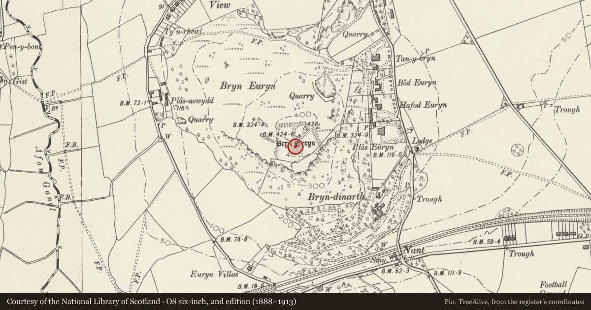 Ordnance Survey six-inch map, 2nd edition (1888–1913) covering the location of Bryn Euryn Camp, Llandrillo-yn-Rhos/Rhos-on-Sea, Conwy, with a pin at the register's coordinates