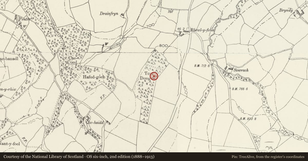 Ordnance Survey six-inch map, 2nd edition (1888–1913) covering the location of Tom Dongen Round Barrow, Llanelidan, Denbighshire, with a pin at the register's coordinates