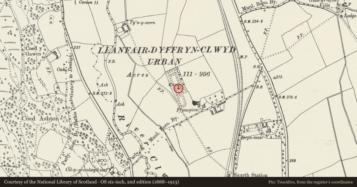 Ordnance Survey six-inch map, 2nd edition (1888–1913) covering the location of Ffynogion Moated Site, Ruthin, Denbighshire, with a pin at the register's coordinates