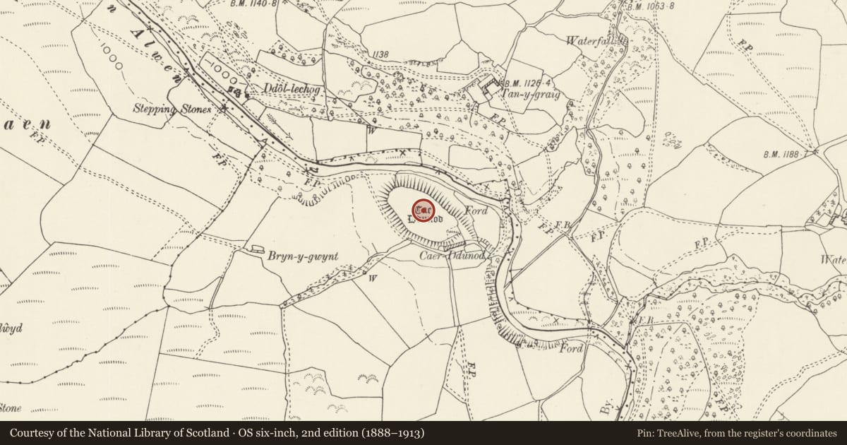 Ordnance Survey six-inch map, 2nd edition (1888–1913) covering the location of Cae Ddunod Camp, Llanfihangel Glyn Myfyr, Conwy, with a pin at the register's coordinates