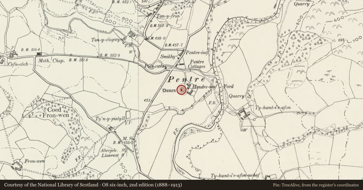 Ordnance Survey six-inch map, 2nd edition (1888–1913) covering the location of Hendre-Isaf Castle Mound, Llangernyw, Conwy, with a pin at the register's coordinates