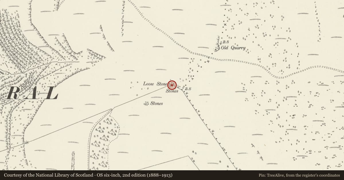 Ordnance Survey six-inch map, 2nd edition (1888–1913) covering the location of Creigiau Eglwyseg Round Barrow, Llantysilio, Denbighshire, with a pin at the register's coordinates