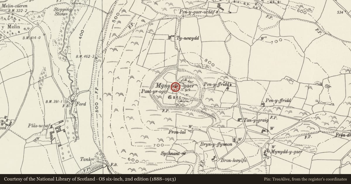 Ordnance Survey six-inch map, 2nd edition (1888–1913) covering the location of Mynydd y Gaer Camp, Llannefydd, Conwy, with a pin at the register's coordinates
