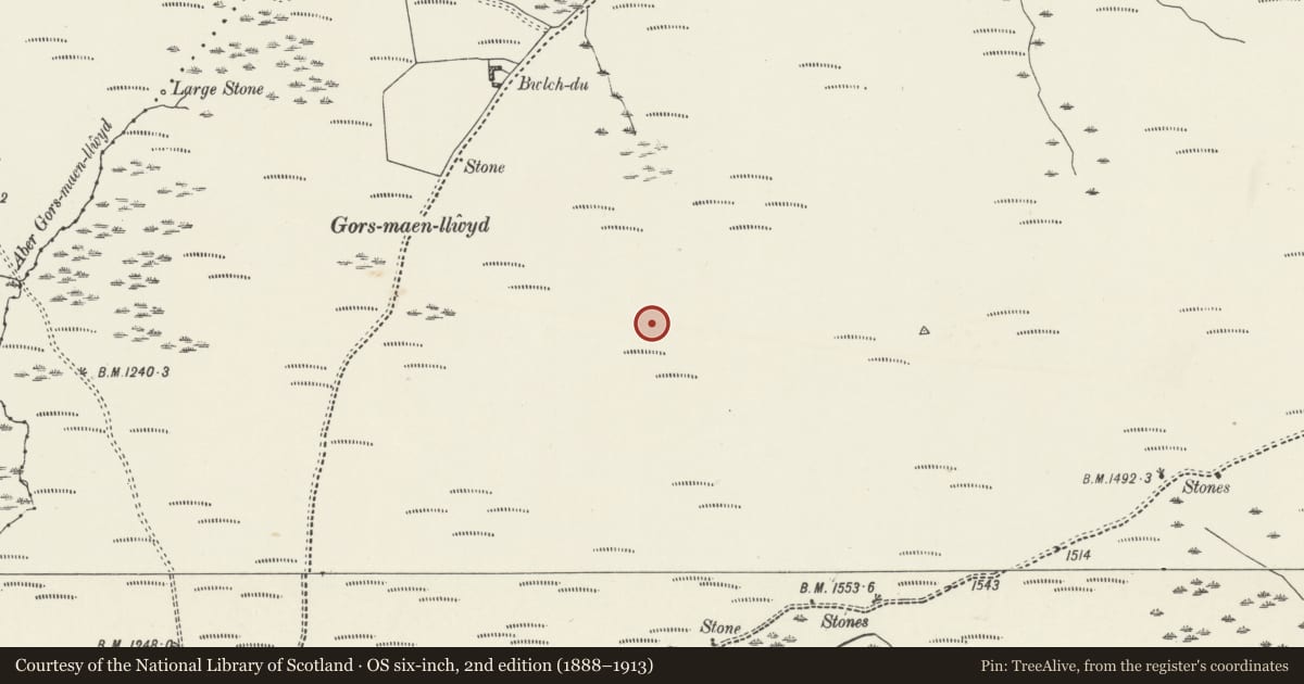 Ordnance Survey six-inch map, 2nd edition (1888–1913) covering the location of Bwlch-Du Round Barrow, Nantglyn, Denbighshire, with a pin at the register's coordinates
