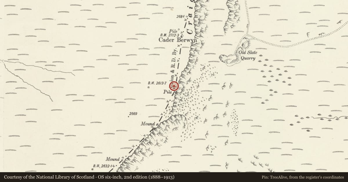 Ordnance Survey six-inch map, 2nd edition (1888–1913) covering the location of Craig Berwyn Round Barrow, Llanrhaeadr-ym-Mochnant, Powys, with a pin at the register's coordinates