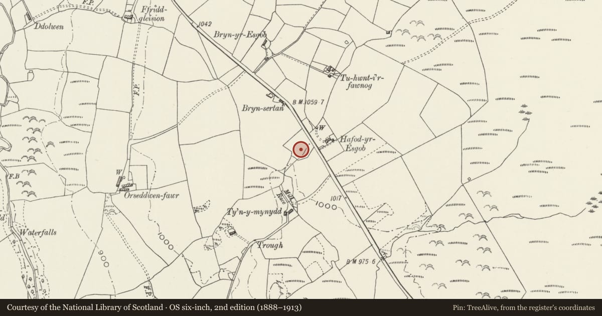 Ordnance Survey six-inch map, 2nd edition (1888–1913) covering the location of Maen Sertan Boundary Stone, Bro Garmon, Conwy, with a pin at the register's coordinates