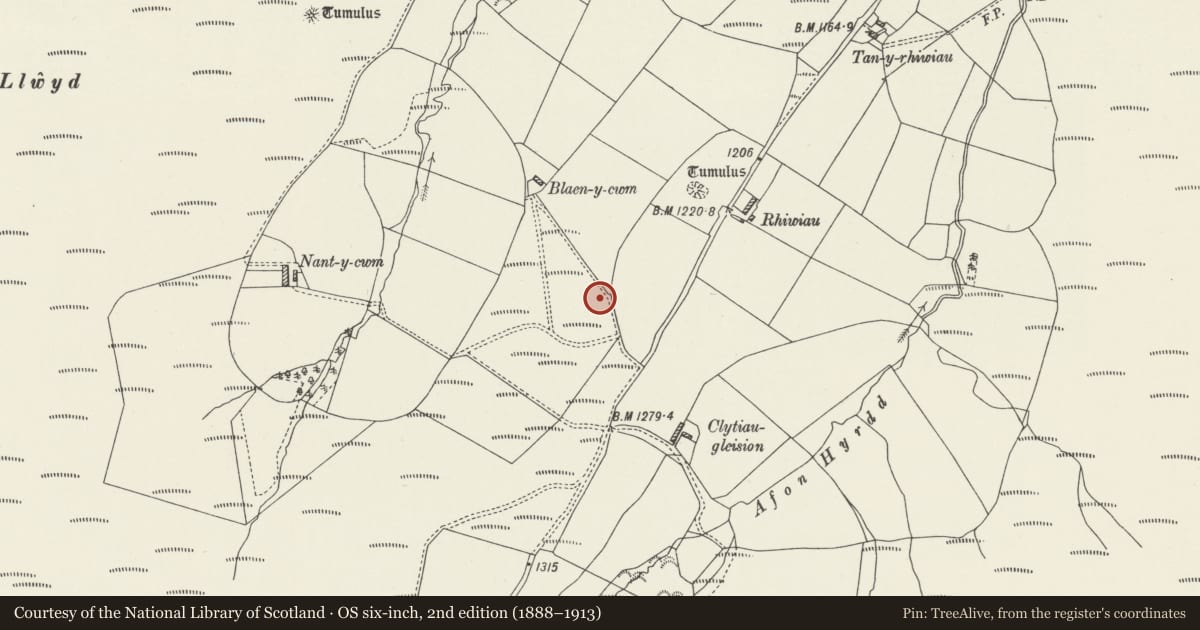 Ordnance Survey six-inch map, 2nd edition (1888–1913) covering the location of Rhiwiau round barrow cemetery, Llansannan, Conwy, with a pin at the register's coordinates