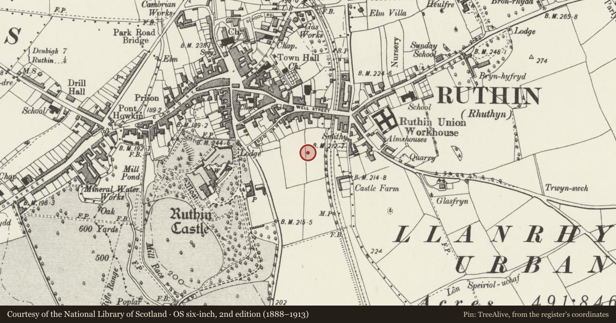 Ordnance Survey six-inch map, 2nd edition (1888–1913) covering the location of Castle Farm Round Barrow, Ruthin, Denbighshire, with a pin at the register's coordinates