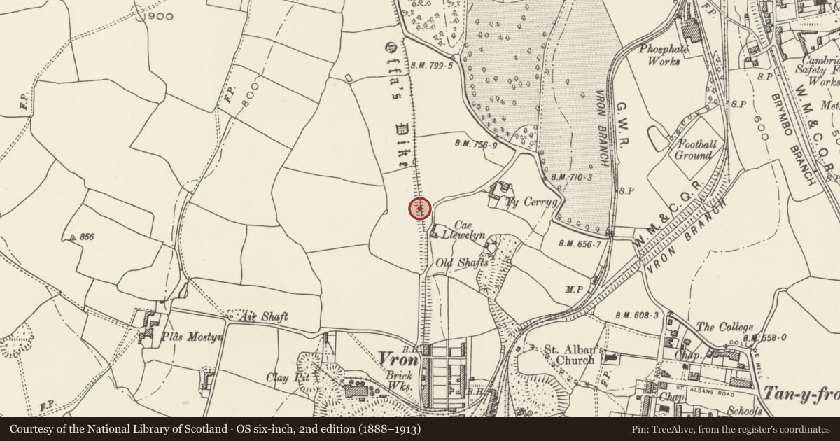 Ordnance Survey six-inch map, 2nd edition (1888–1913) covering the location of Offa's Dyke: Section S from Cae Llewellyn, Brymbo, Wrexham, with a pin at the register's coordinates