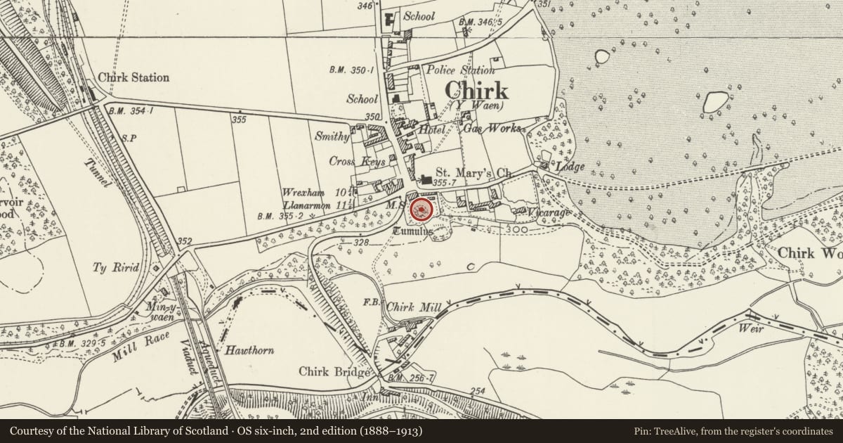 Ordnance Survey six-inch map, 2nd edition (1888–1913) covering the location of Castell y Waun Castle Mound, Chirk, Wrexham, with a pin at the register's coordinates