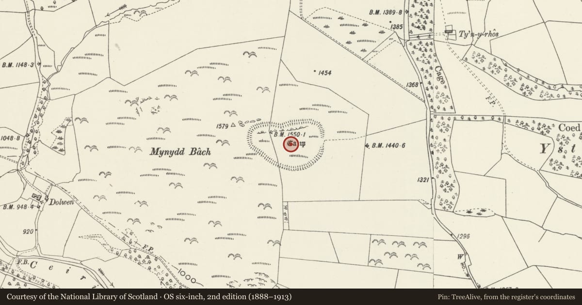 Ordnance Survey six-inch map, 2nd edition (1888–1913) covering the location of Mynydd Bach Camp, Ceiriog Ucha, Wrexham, with a pin at the register's coordinates