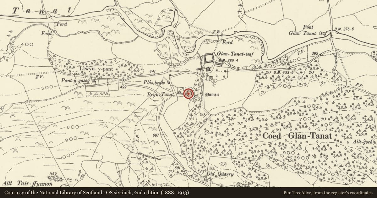 Ordnance Survey six-inch map, 2nd edition (1888–1913) covering the location of Tomen y Faerdre, Llangedwyn, Powys, with a pin at the register's coordinates