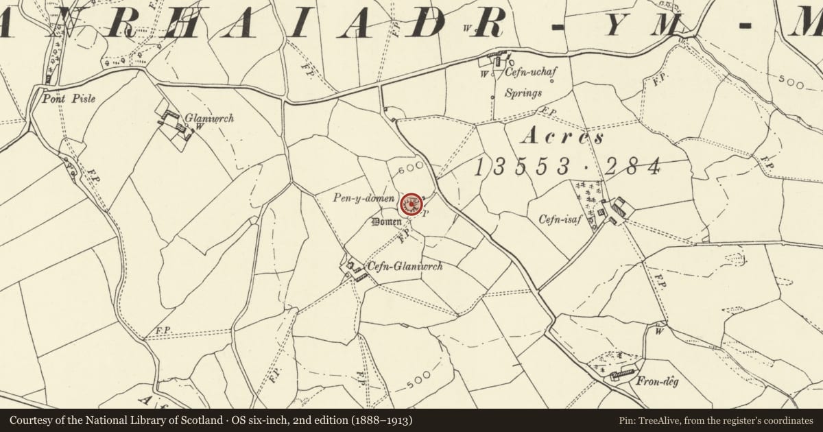 Ordnance Survey six-inch map, 2nd edition (1888–1913) covering the location of Tomen Cefn Glaniwrch, Llanrhaeadr-ym-Mochnant, Powys, with a pin at the register's coordinates