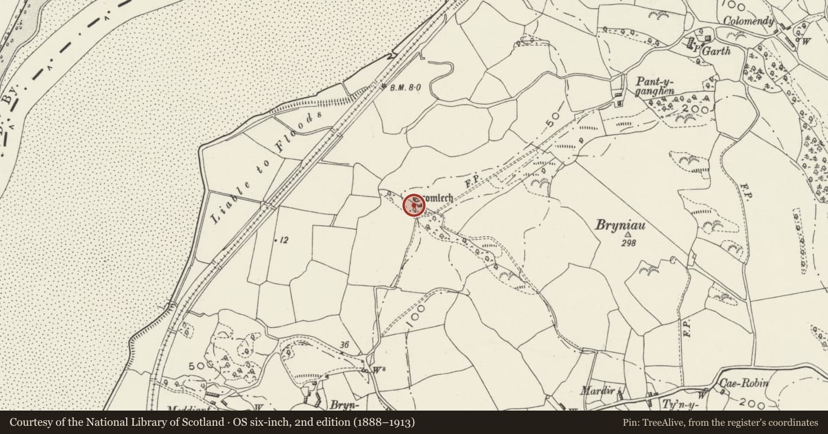 Ordnance Survey six-inch map, 2nd edition (1888–1913) covering the location of Hendre-Waelod Burial Chamber, Llansanffraid Glan Conwy, Conwy, with a pin at the register's coordinates