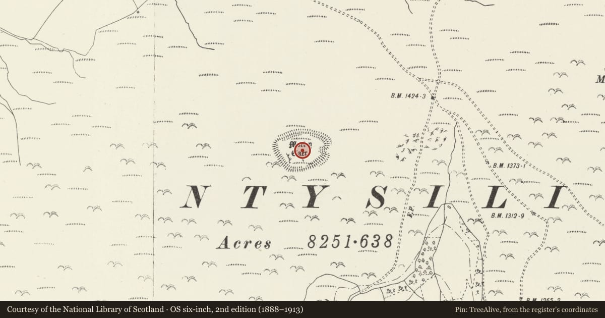 Ordnance Survey six-inch map, 2nd edition (1888–1913) covering the location of Moel y Gaer, Cefn, Bryneglwys, Denbighshire, with a pin at the register's coordinates