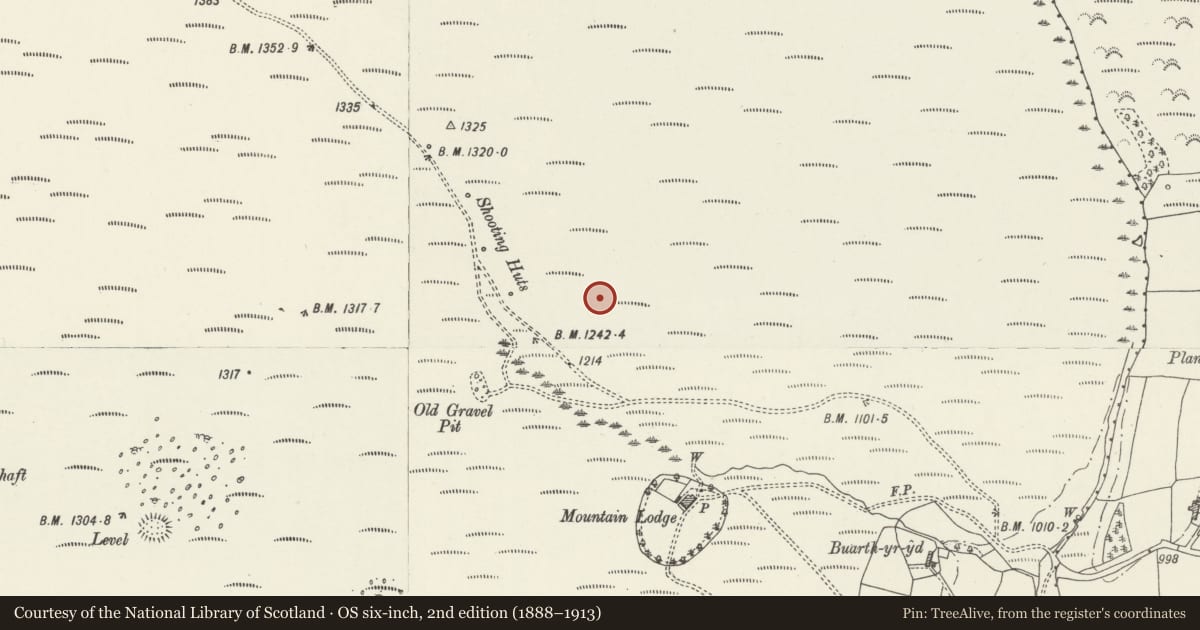 Ordnance Survey six-inch map, 2nd edition (1888–1913) covering the location of Ruabon Mountain Round Barrow, Penycae, Wrexham, with a pin at the register's coordinates
