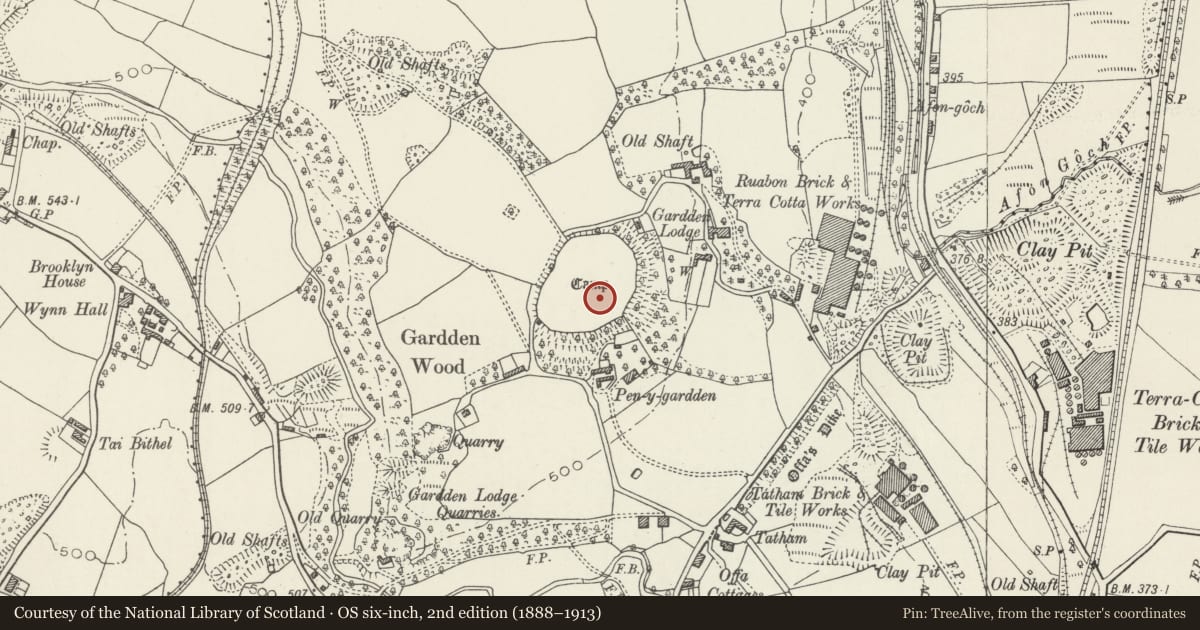 Ordnance Survey six-inch map, 2nd edition (1888–1913) covering the location of Gardden Camp, Ruabon, Wrexham, with a pin at the register's coordinates