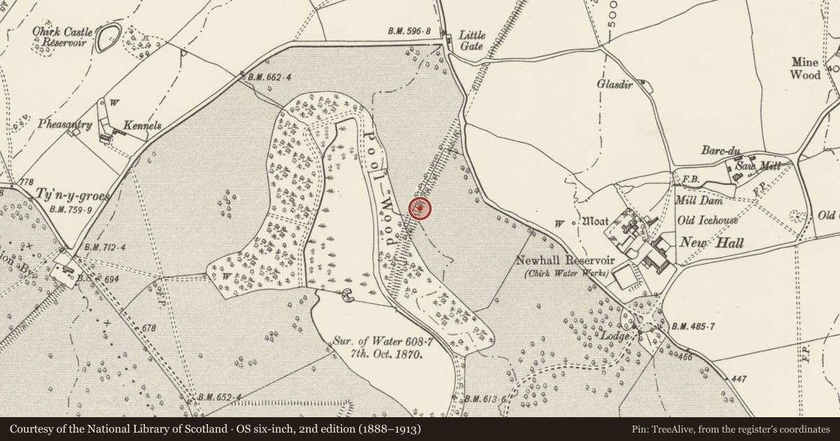 Ordnance Survey six-inch map, 2nd edition (1888–1913) covering the location of Offa's Dyke: Chirk Park Section extending NE from the Lake, Wrexham, with a pin at the register's coordinates