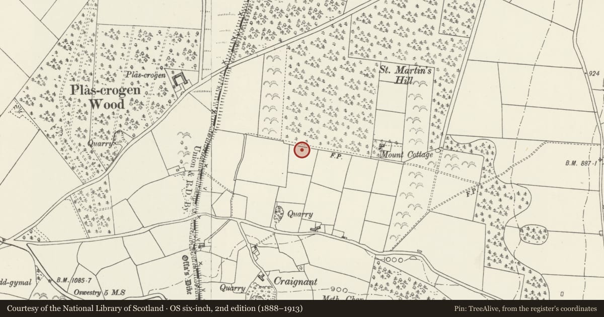 Ordnance Survey six-inch map, 2nd edition (1888–1913) covering the location of Offa's Dyke: Section from Footpath S of Pen-y-Bryn to Orseddwen, Glyntraian, Wrexham, with a pin at the register's coordinates