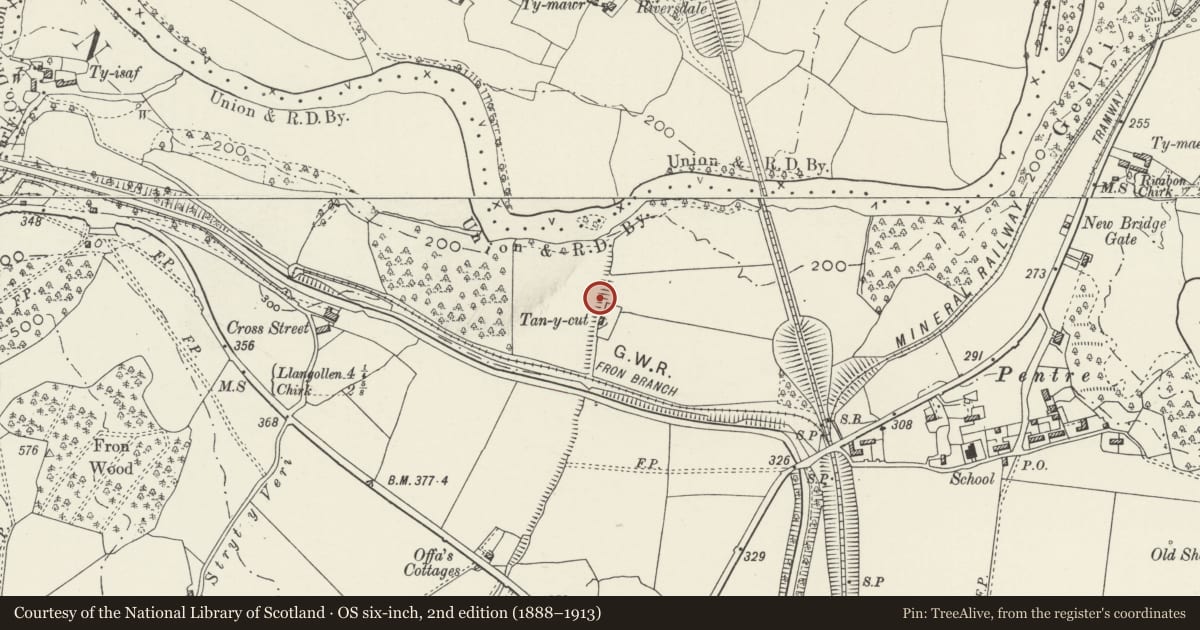 Ordnance Survey six-inch map, 2nd edition (1888–1913) covering the location of Offa's Dyke: Section N & S of Tan-y-Cut, Chirk, Wrexham, with a pin at the register's coordinates
