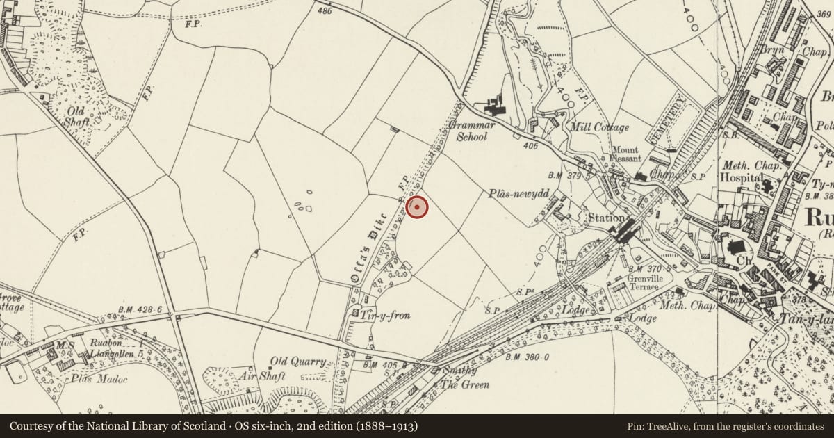 Ordnance Survey six-inch map, 2nd edition (1888–1913) covering the location of Offa's Dyke: Section SW from Tatham Bridge, Ruabon, Wrexham, with a pin at the register's coordinates