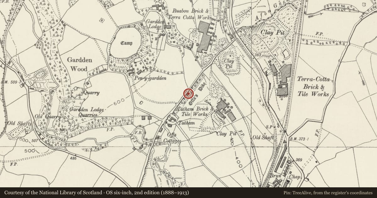 Ordnance Survey six-inch map, 2nd edition (1888–1913) covering the location of Offa's Dyke: Y Gardden Camp Section, Ruabon, Wrexham, with a pin at the register's coordinates
