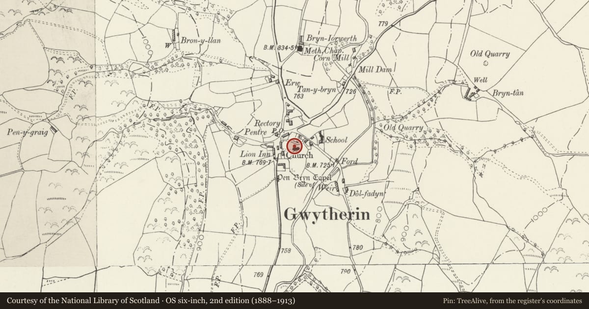 Ordnance Survey six-inch map, 2nd edition (1888–1913) covering the location of Group of Four Inscribed Stones in Gwytherin Churchyard, Llangernyw, Conwy, with a pin at the register's coordinates