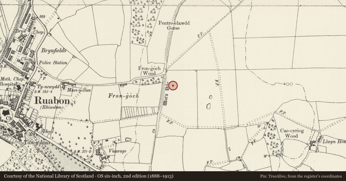 Ordnance Survey six-inch map, 2nd edition (1888–1913) covering the location of Wat's Dyke: Section extending from Pentre-Clawdd to Wynnstay Park, Ruabon, Wrexham, with a pin at the register's coordinates