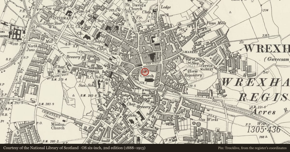Ordnance Survey six-inch map, 2nd edition (1888–1913) covering the location of Wrexham Churchyard Ornamental Wrought Iron Gates and Screen, Offa, Wrexham, with a pin at the register's coordinates