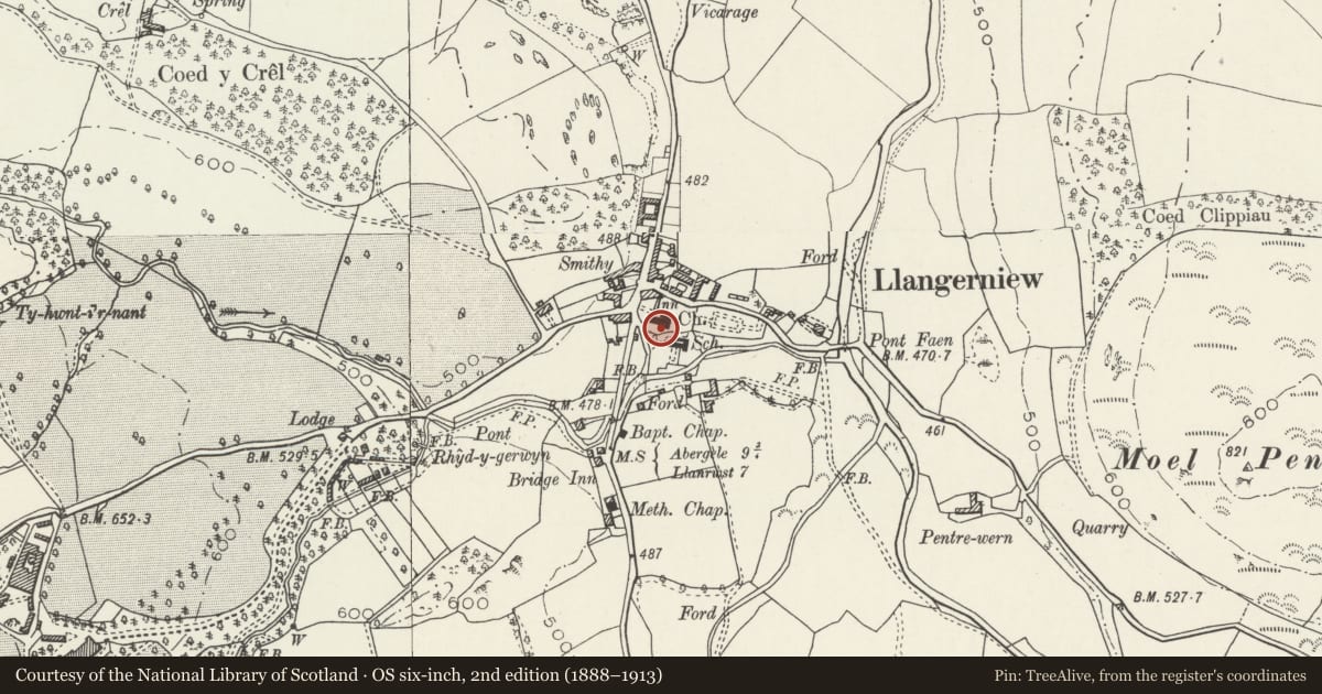 Ordnance Survey six-inch map, 2nd edition (1888–1913) covering the location of Two Cross-Incised Stones in St Digain's Churchyard, Llangernyw, Conwy, with a pin at the register's coordinates