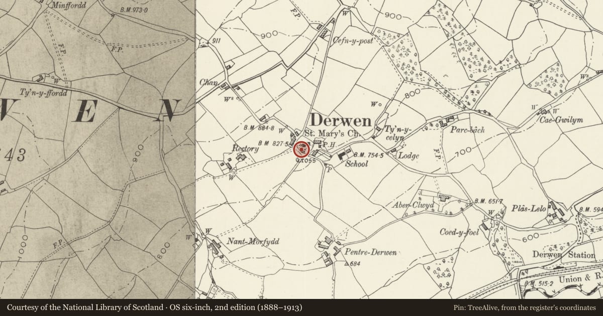 Ordnance Survey six-inch map, 2nd edition (1888–1913) covering the location of Derwen Cross, Denbighshire, with a pin at the register's coordinates