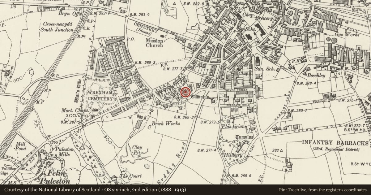 Ordnance Survey six-inch map, 2nd edition (1888–1913) covering the location of Fairy Oak Round Barrow, Offa, Wrexham, with a pin at the register's coordinates