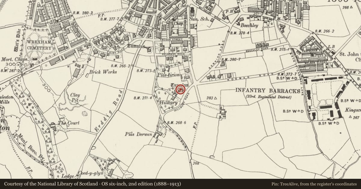 Ordnance Survey six-inch map, 2nd edition (1888–1913) covering the location of Hillbury Round Barrow, Offa, Wrexham, with a pin at the register's coordinates
