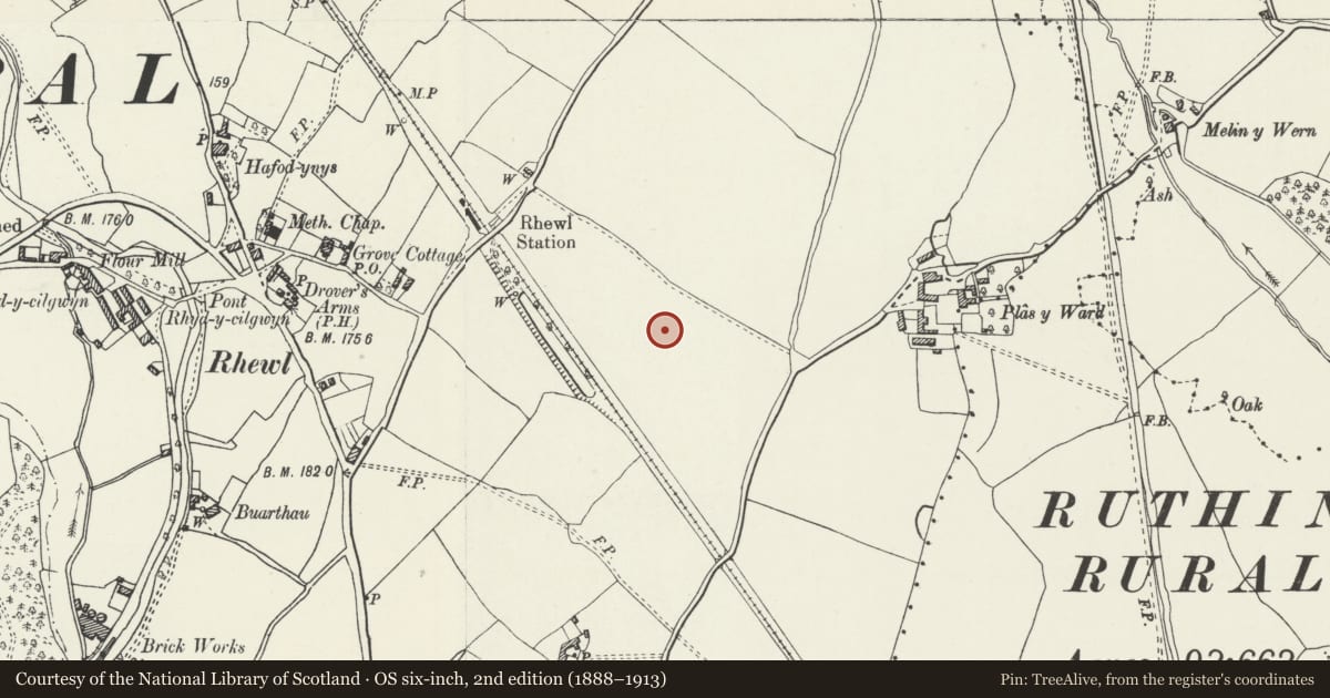 Ordnance Survey six-inch map, 2nd edition (1888–1913) covering the location of Rhewl Round Barrows, Llanynys, Denbighshire, with a pin at the register's coordinates