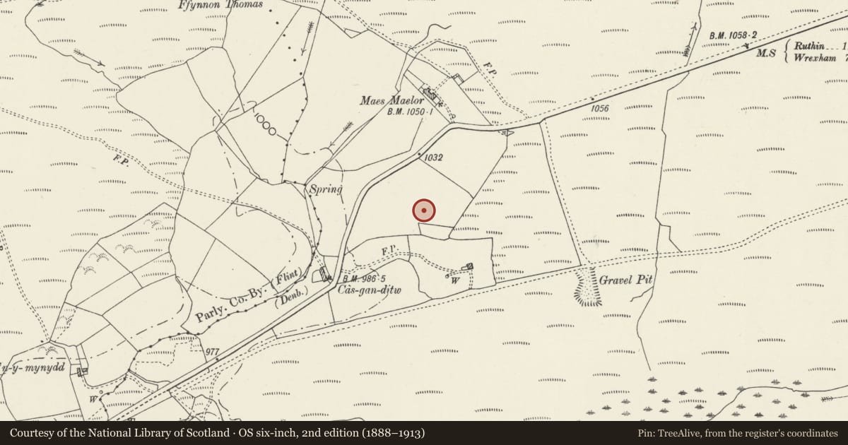 Ordnance Survey six-inch map, 2nd edition (1888–1913) covering the location of Cas-Gan-Ditw Round Barrow, Llandegla, Denbighshire, with a pin at the register's coordinates