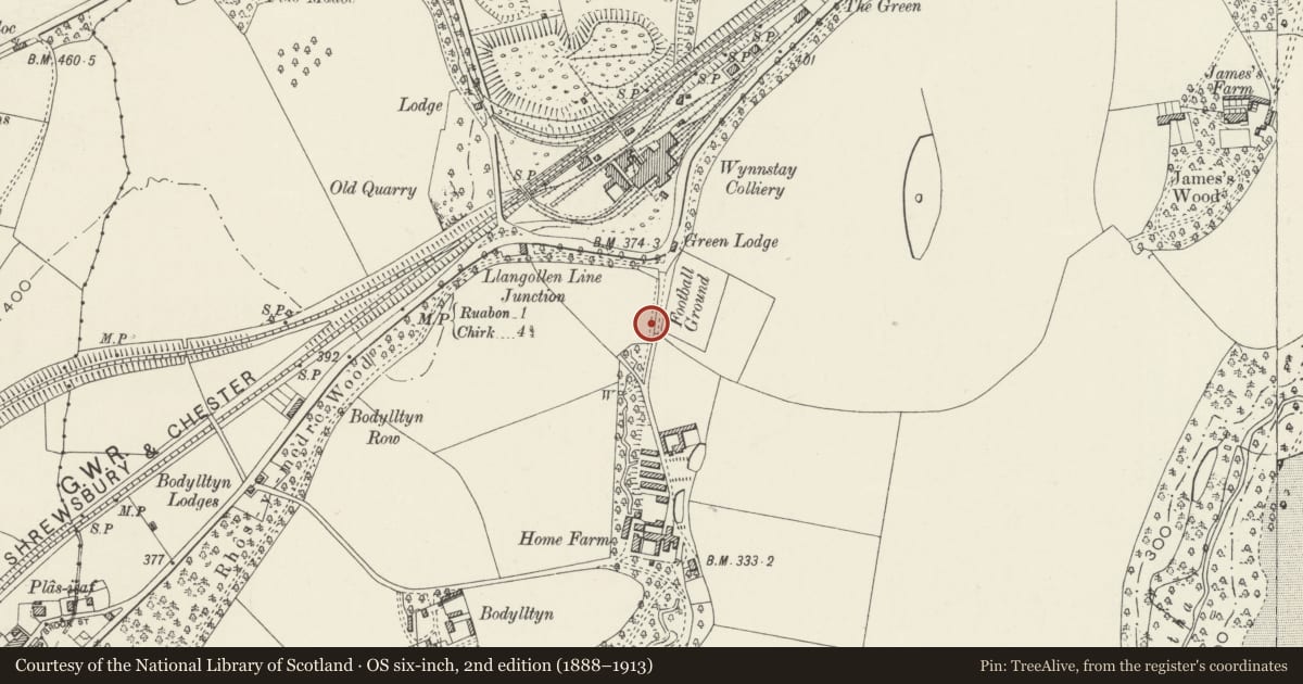 Ordnance Survey six-inch map, 2nd edition (1888–1913) covering the location of Offa's Dyke: Section N of Home Farm, Ruabon, Wrexham, with a pin at the register's coordinates