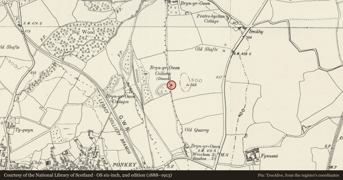 Ordnance Survey six-inch map, 2nd edition (1888–1913) covering the location of Offa's Dyke: Sections N & S of Bryn yr Owen Colliery, Esclusham, Wrexham, with a pin at the register's coordinates