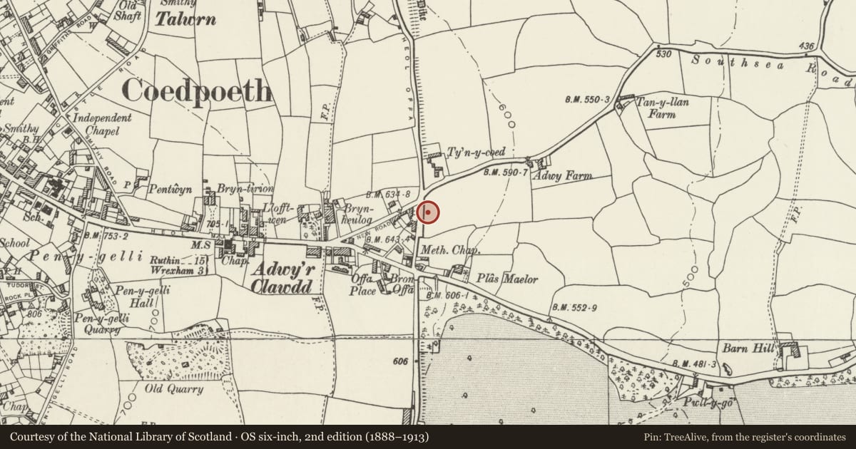 Ordnance Survey six-inch map, 2nd edition (1888–1913) covering the location of Offa's Dyke: South Section at Coedpoeth, Wrexham, with a pin at the register's coordinates