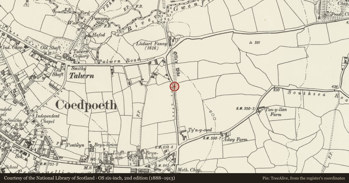 Ordnance Survey six-inch map, 2nd edition (1888–1913) covering the location of Offa's Dyke: North Section at Coedpoeth, Wrexham, with a pin at the register's coordinates