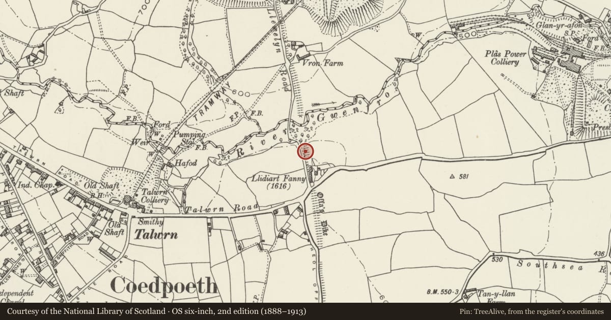 Ordnance Survey six-inch map, 2nd edition (1888–1913) covering the location of Offa's Dyke Section South of River Gwenfro, Coedpoeth, Wrexham, with a pin at the register's coordinates