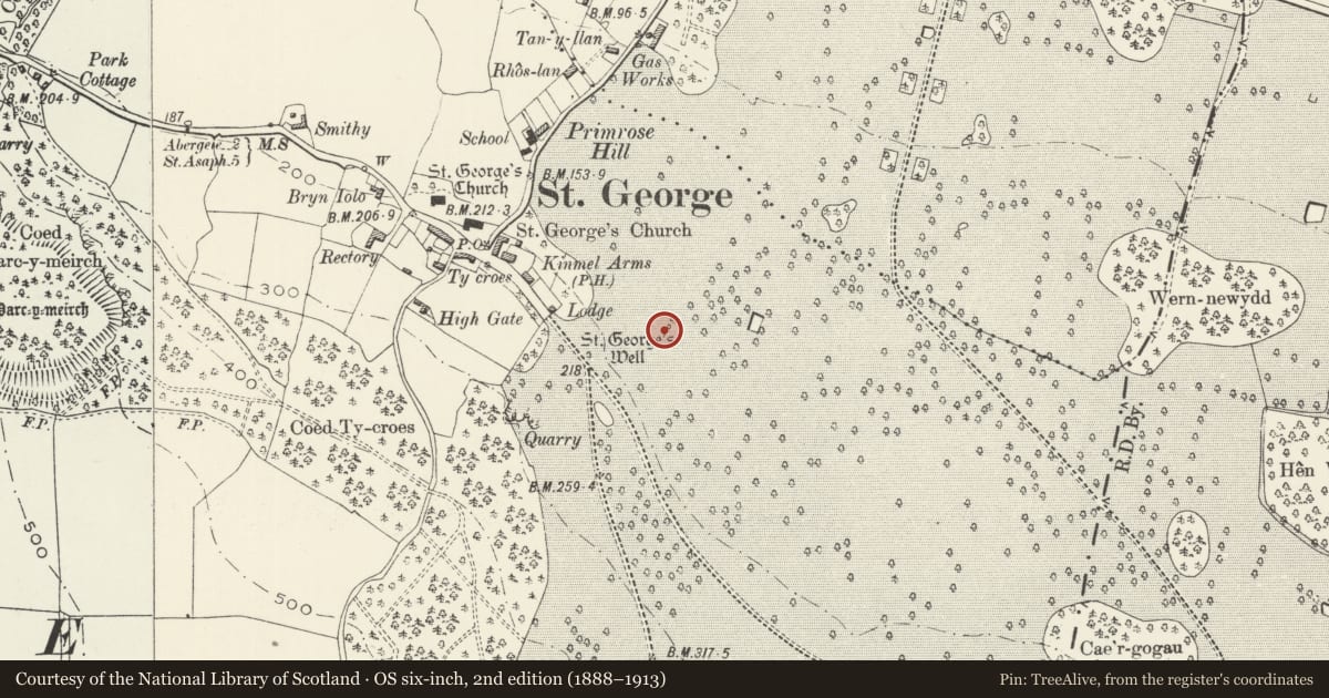 Ordnance Survey six-inch map, 2nd edition (1888–1913) covering the location of St George's Well, Abergele, Conwy, with a pin at the register's coordinates