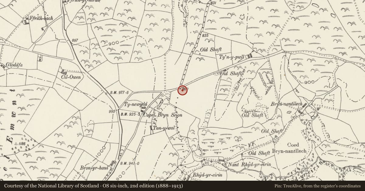 Ordnance Survey six-inch map, 2nd edition (1888–1913) covering the location of Bryn-Nantllech Round Barrow, Llansannan, Conwy, with a pin at the register's coordinates