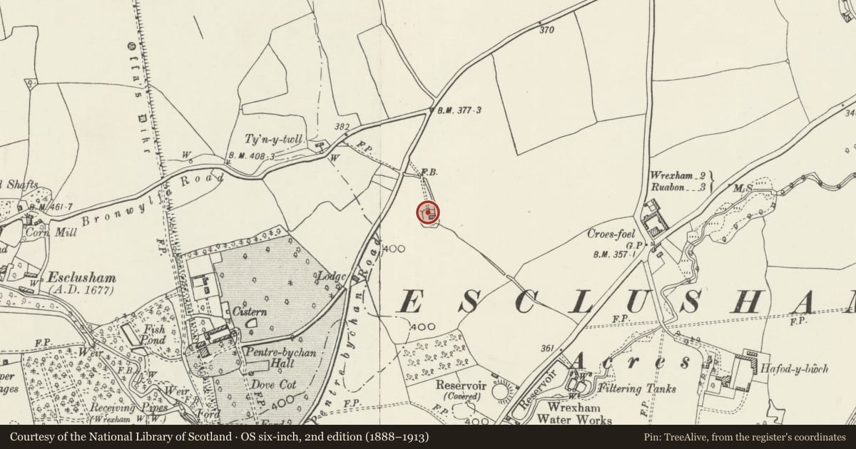 Ordnance Survey six-inch map, 2nd edition (1888–1913) covering the location of Moated Site near Groesfoel Farm, Rhostyllen, Esclusham, Wrexham, with a pin at the register's coordinates