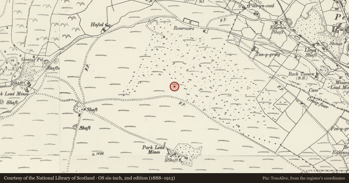 Ordnance Survey six-inch map, 2nd edition (1888–1913) covering the location of Esclusham Mountain Cairn, Minera, Wrexham, with a pin at the register's coordinates