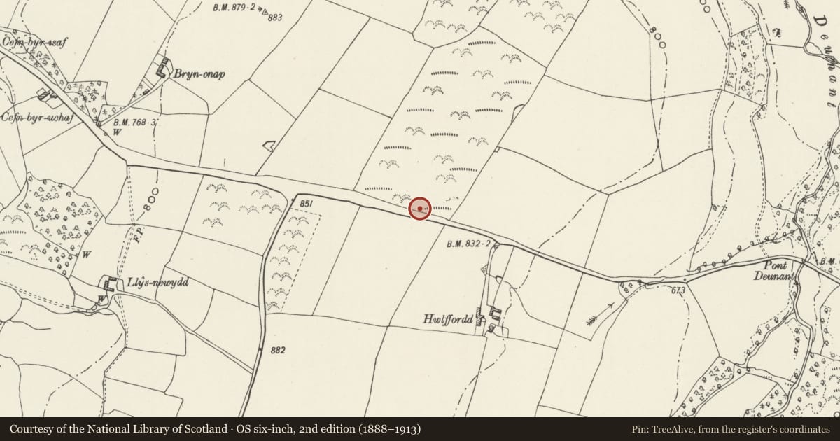 Ordnance Survey six-inch map, 2nd edition (1888–1913) covering the location of Hwlffordd Round Barrows, Llansannan, Conwy, with a pin at the register's coordinates