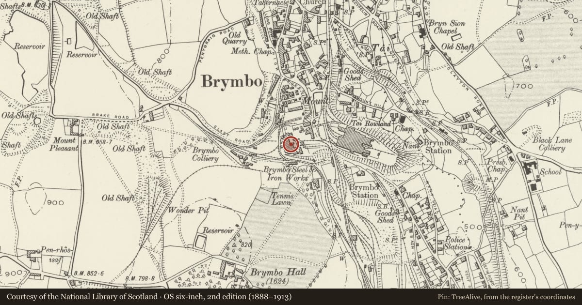 Ordnance Survey six-inch map, 2nd edition (1888–1913) covering the location of Brymbo Ironworks: Early Blast Furnace, Cast House & Foundry, Wrexham, with a pin at the register's coordinates